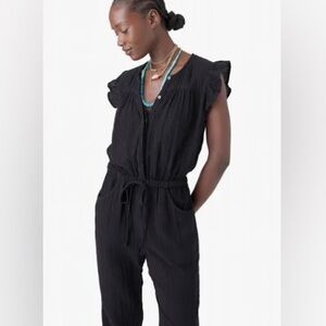 Xirena Loghan Black Cap Sleeve Gauze Straight Leg Tie Waist Jumpsuit